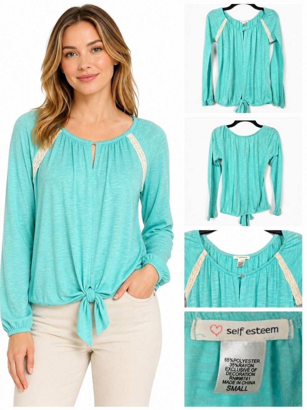 Self Esteem Tie Front Top Women Small Aqua